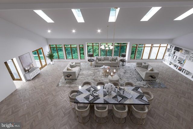 unfurnished living room with parquet flooring and a high ceiling