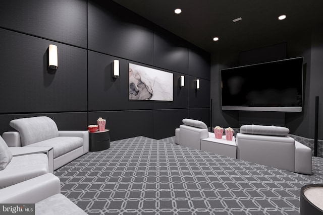 home theater with carpet floors