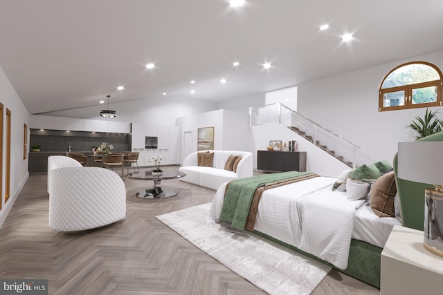 bedroom featuring lofted ceiling and parquet floors