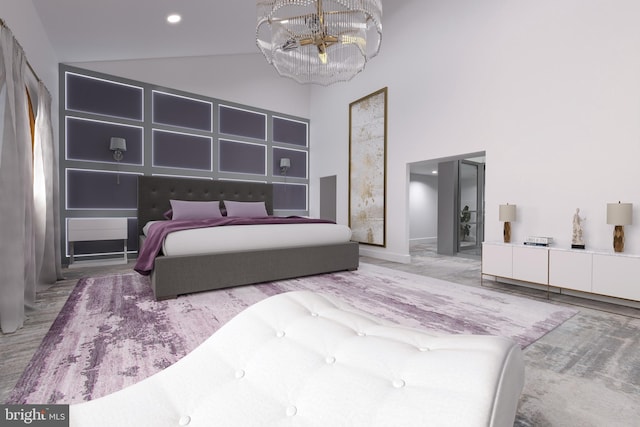 bedroom featuring high vaulted ceiling, a notable chandelier, and baseboards