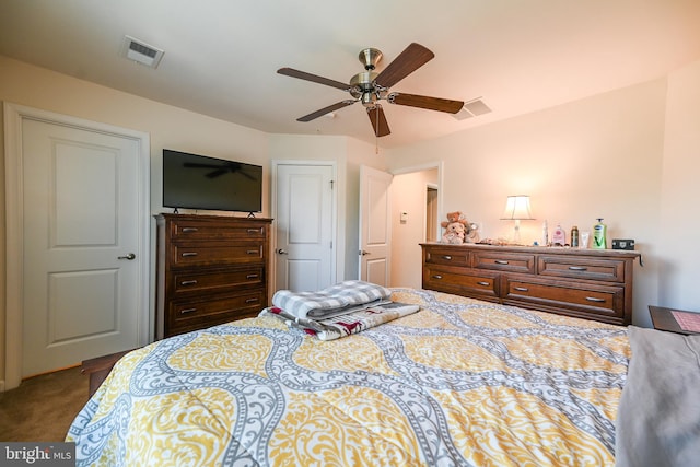 carpeted bedroom featuring ceiling fan