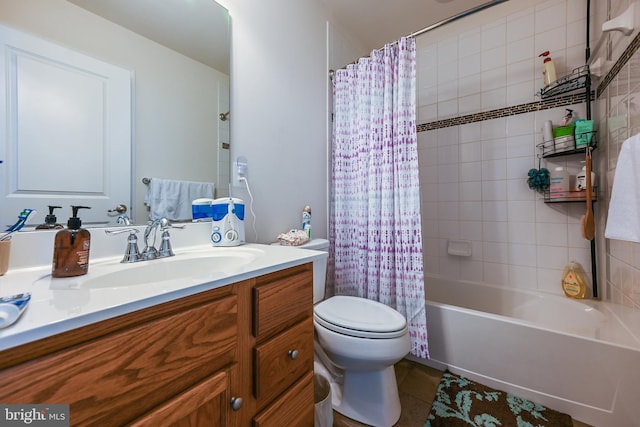 full bathroom featuring vanity, tile patterned floors, toilet, and shower / bathtub combination with curtain