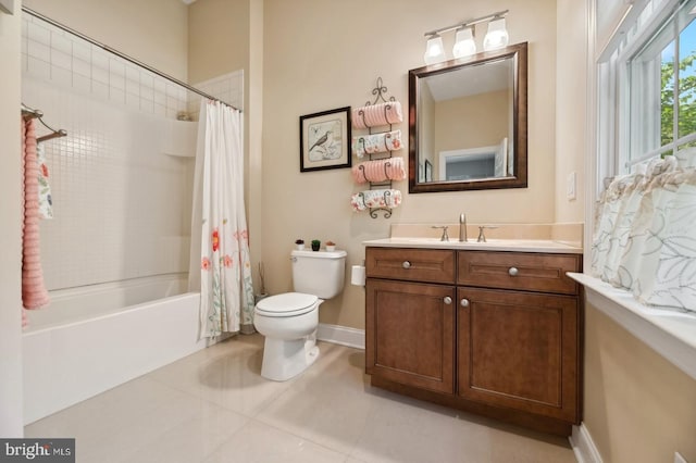 full bathroom with vanity, shower / bath combination with curtain, toilet, and tile patterned flooring