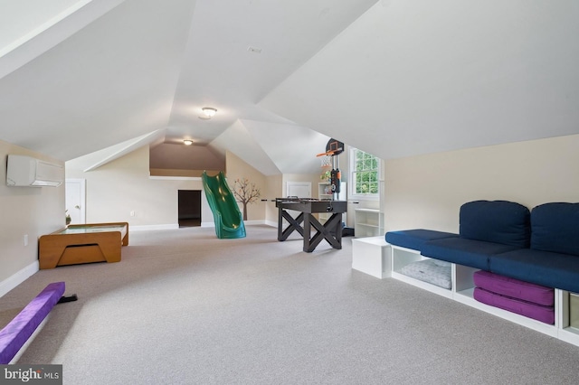 additional living space featuring an AC wall unit, lofted ceiling, and carpet