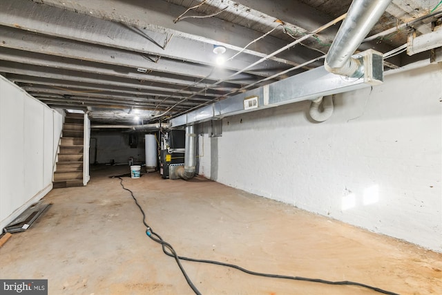 basement with heating unit and gas water heater