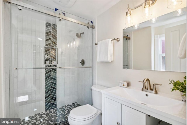 bathroom with vanity, an enclosed shower, and toilet