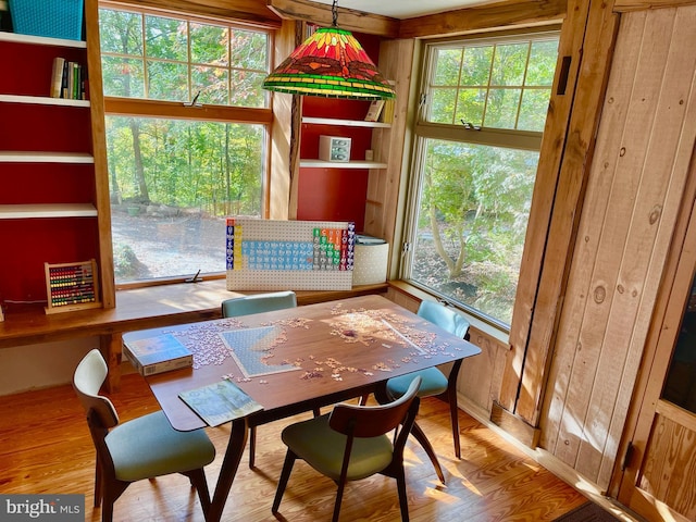 dining room with light hardwood / wood-style floors, plenty of natural light, and wooden walls