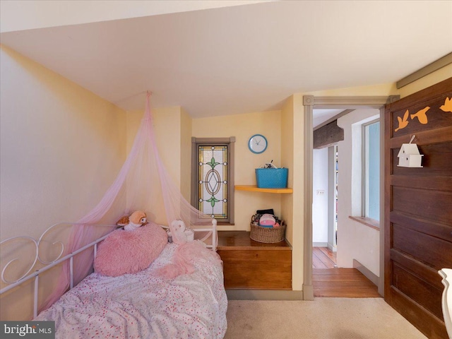 bedroom featuring multiple windows and light colored carpet