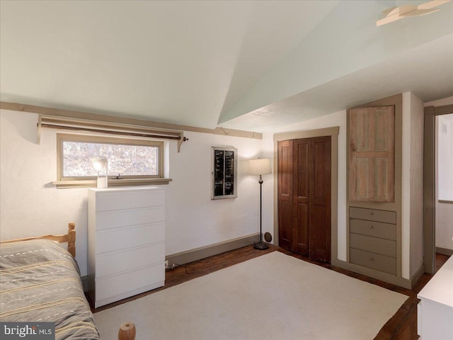 bedroom with vaulted ceiling and wood-type flooring