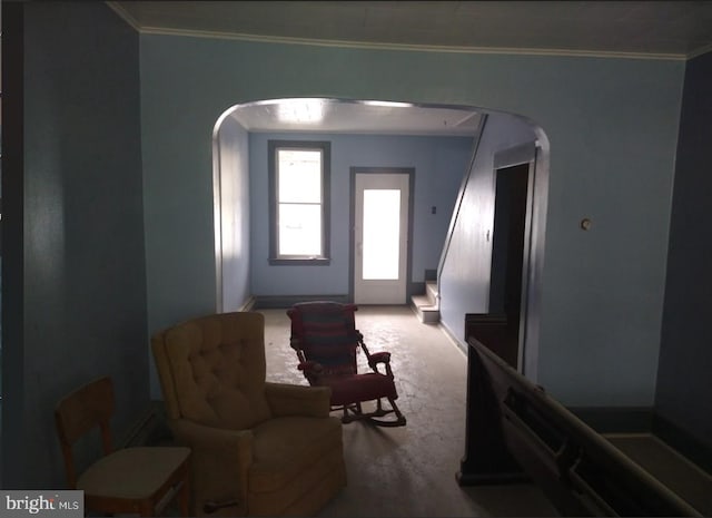 foyer with ornamental molding and carpet flooring