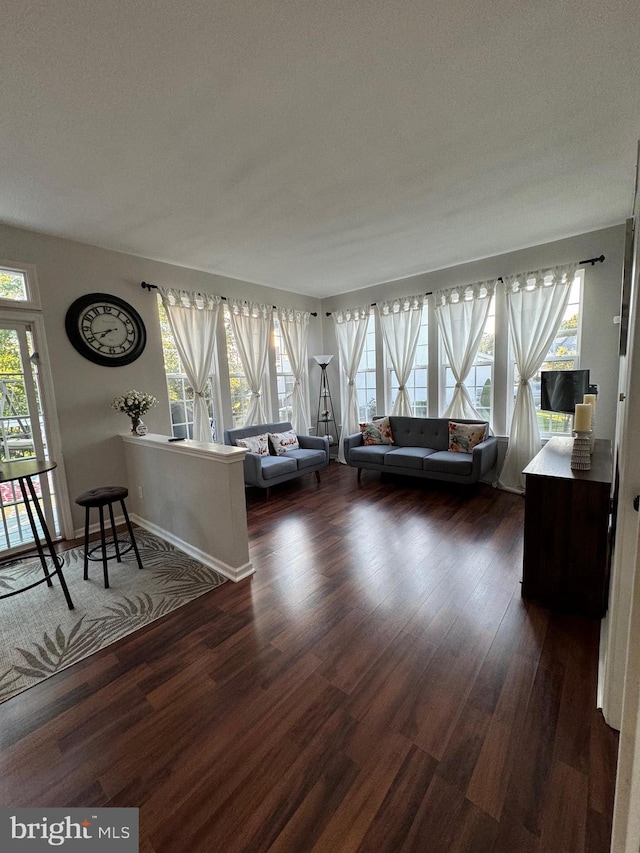 living room featuring dark wood-type flooring and a healthy amount of sunlight