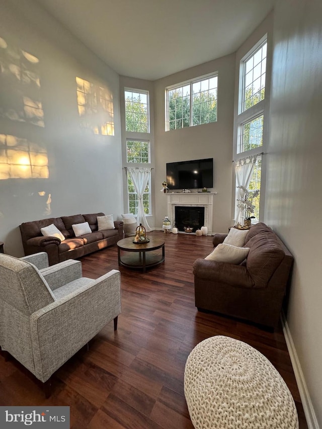 living room featuring dark wood-type flooring and a towering ceiling