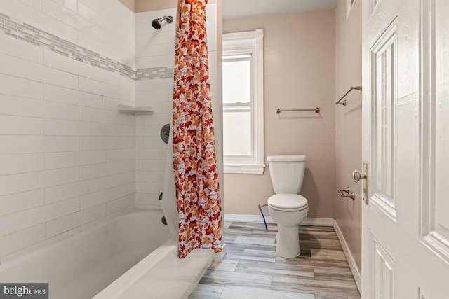 bathroom with toilet, shower / tub combo with curtain, and wood-type flooring