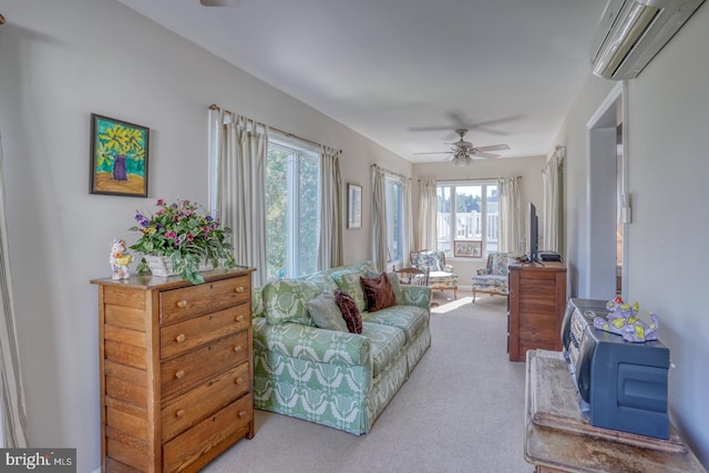 interior space with light carpet, an AC wall unit, and a wealth of natural light