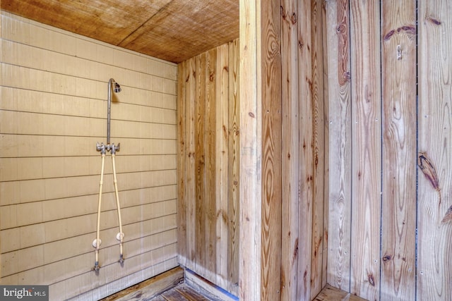 room details featuring wood walls and wooden ceiling