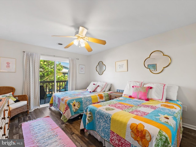 bedroom featuring access to exterior, ceiling fan, and dark hardwood / wood-style flooring