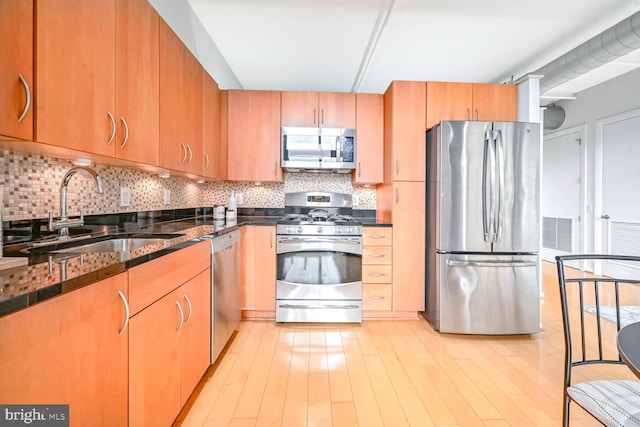 kitchen featuring backsplash, sink, stainless steel appliances, and light wood-type flooring