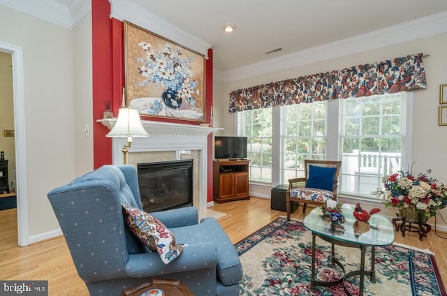 living room featuring crown molding and light wood-type flooring