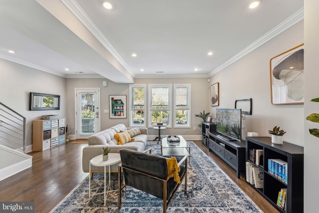 living room featuring crown molding and dark hardwood / wood-style flooring