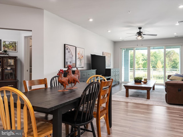 dining space with light hardwood / wood-style flooring and ceiling fan