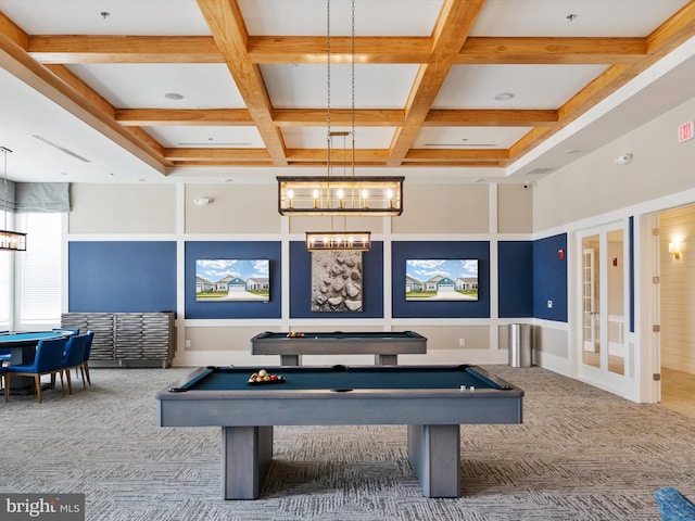 playroom featuring carpet floors, an inviting chandelier, coffered ceiling, beam ceiling, and billiards