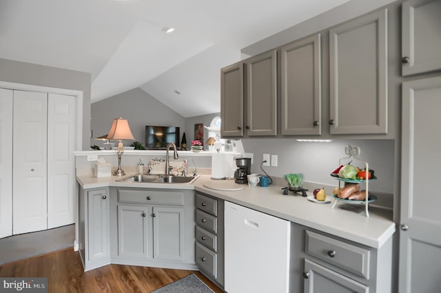 kitchen featuring gray cabinetry, sink, dark hardwood / wood-style flooring, vaulted ceiling, and white dishwasher