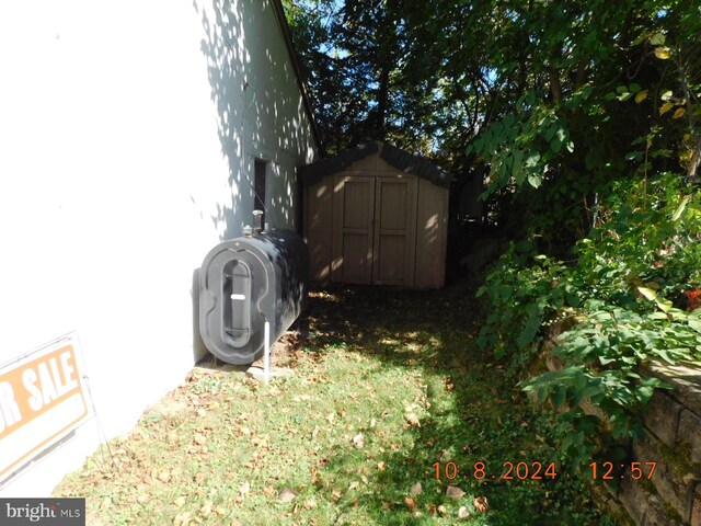 view of yard with a storage shed