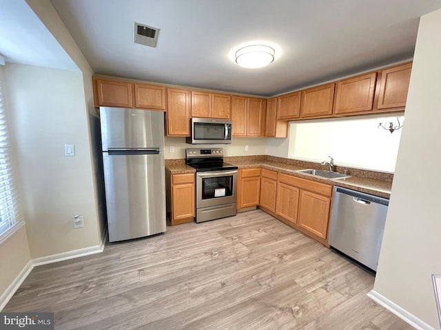 kitchen with appliances with stainless steel finishes, light hardwood / wood-style floors, and sink