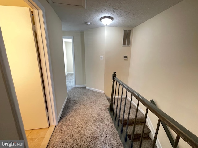 hall featuring light colored carpet and a textured ceiling