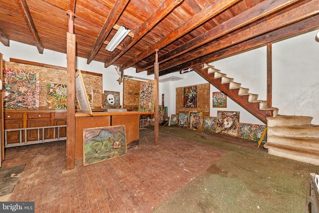 basement with wood ceiling