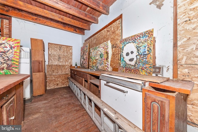 corridor with beamed ceiling, sink, dark wood-type flooring, and wood ceiling