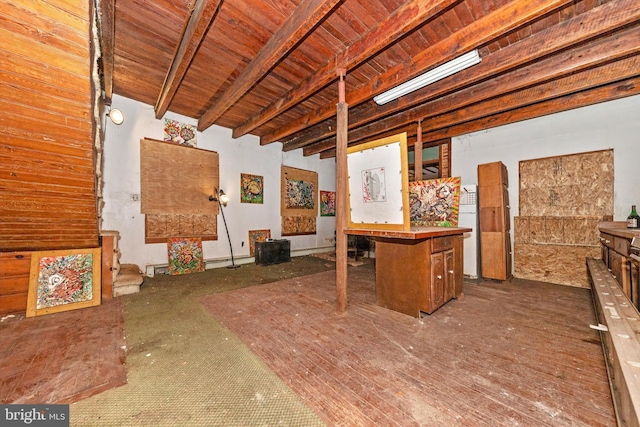 interior space featuring beamed ceiling and wooden ceiling