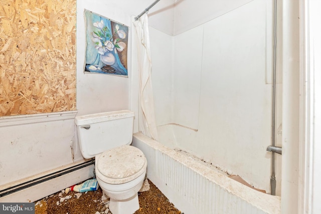 bathroom with toilet, a baseboard radiator, and shower / tub combo with curtain