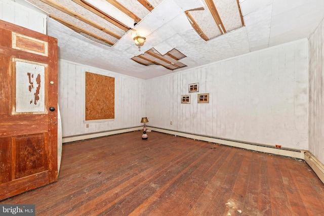 interior space with dark hardwood / wood-style flooring and wooden walls