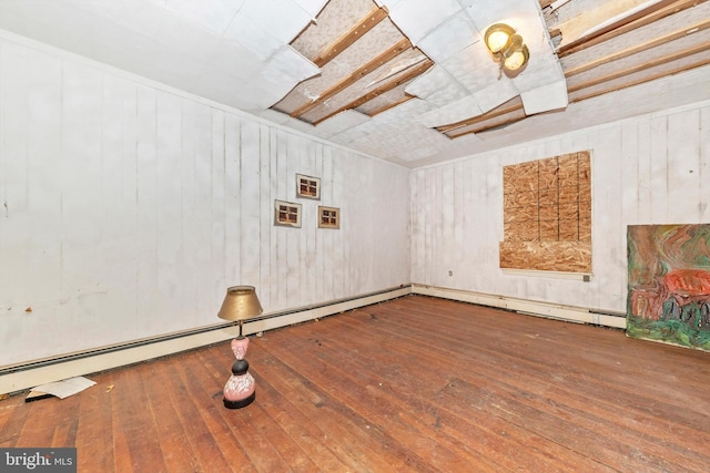 unfurnished room with hardwood / wood-style flooring, a baseboard heating unit, and wood walls