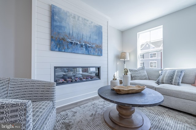 living room featuring hardwood / wood-style floors and a large fireplace