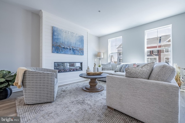 living room with hardwood / wood-style flooring and a large fireplace