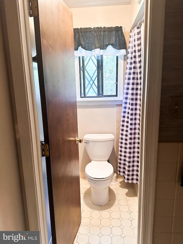 bathroom with toilet and a shower with shower curtain