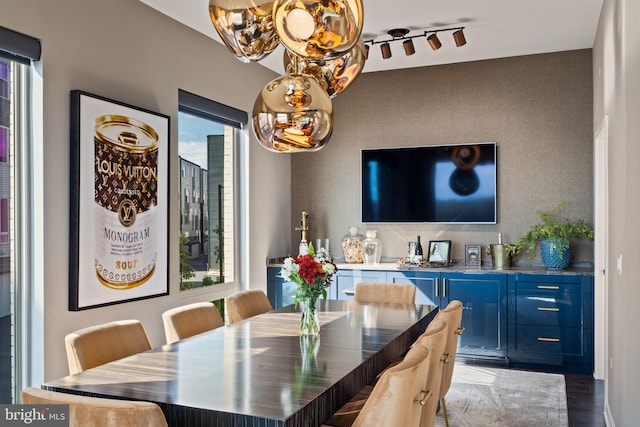 dining space with hardwood / wood-style floors and rail lighting