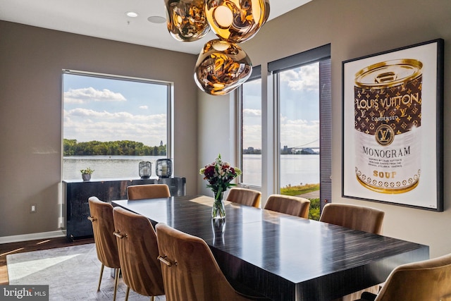 dining area with a water view, a healthy amount of sunlight, and hardwood / wood-style floors