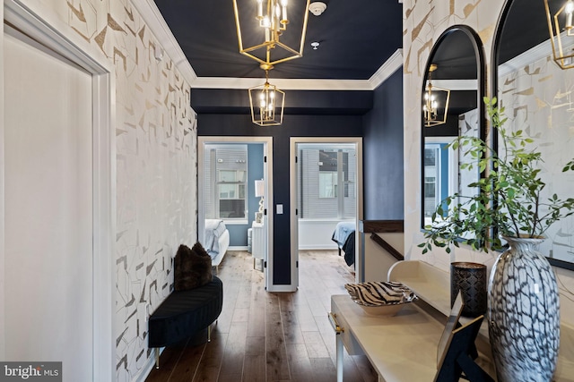 corridor featuring crown molding and dark wood-type flooring