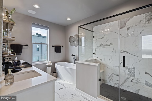 bathroom with vanity and plus walk in shower