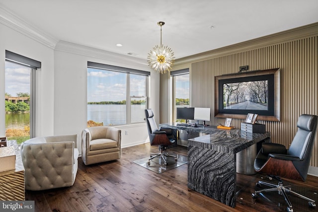 office space with dark hardwood / wood-style floors, a chandelier, and ornamental molding