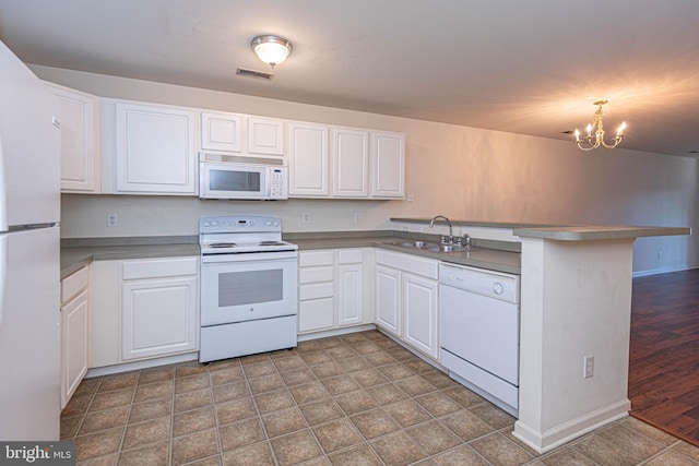 kitchen featuring dark wood-type flooring, kitchen peninsula, sink, white cabinets, and white appliances