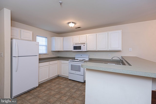 kitchen featuring white appliances, white cabinetry, sink, and kitchen peninsula