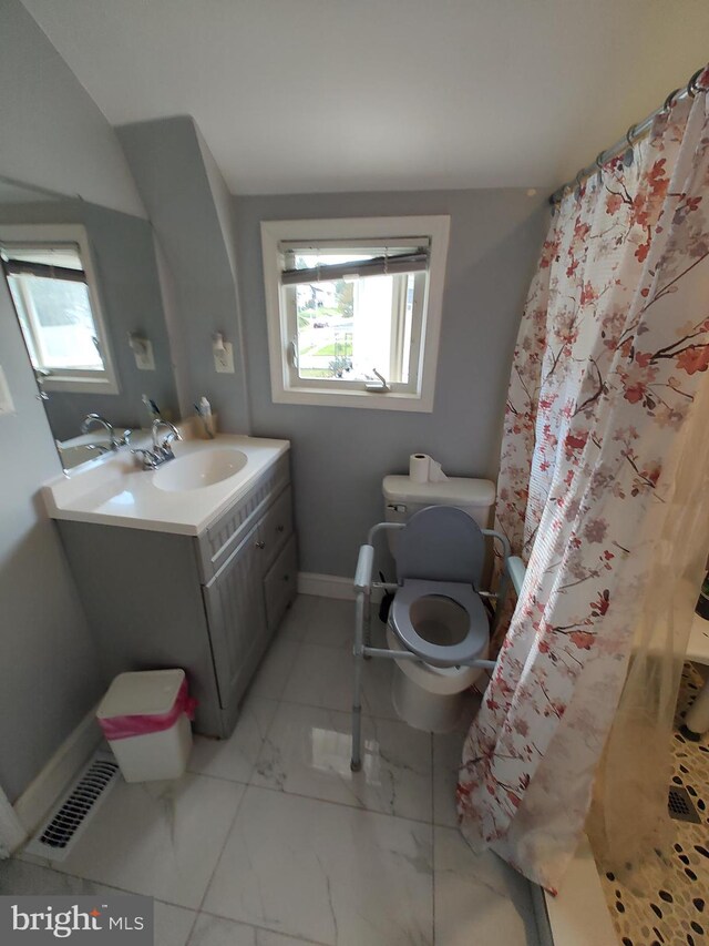 bathroom featuring toilet, vanity, a healthy amount of sunlight, and a shower with shower curtain