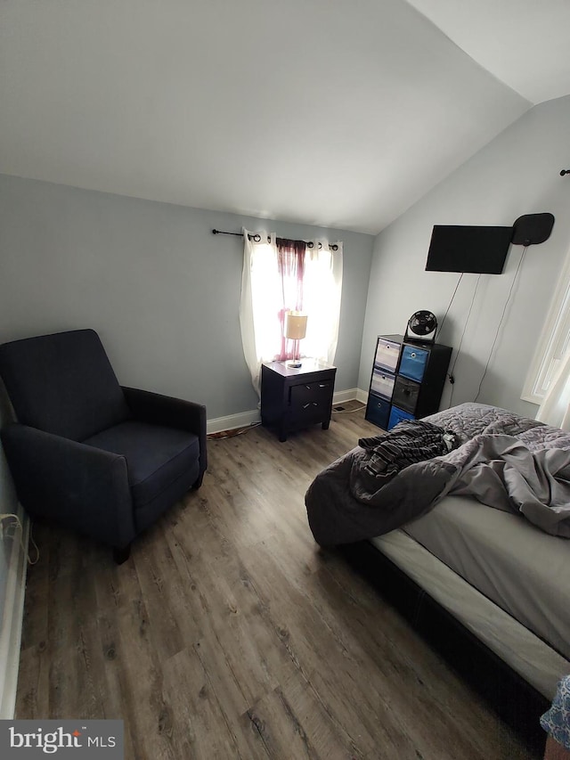 bedroom featuring lofted ceiling and dark hardwood / wood-style floors