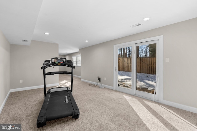 exercise room featuring light colored carpet