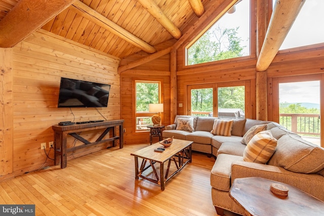 116 Wisp Mountain Rd, Mc Henry, MD 21541 - living area featuring beam ceiling, wooden ceiling, light wood finished floors, wood walls, and high vaulted ceiling