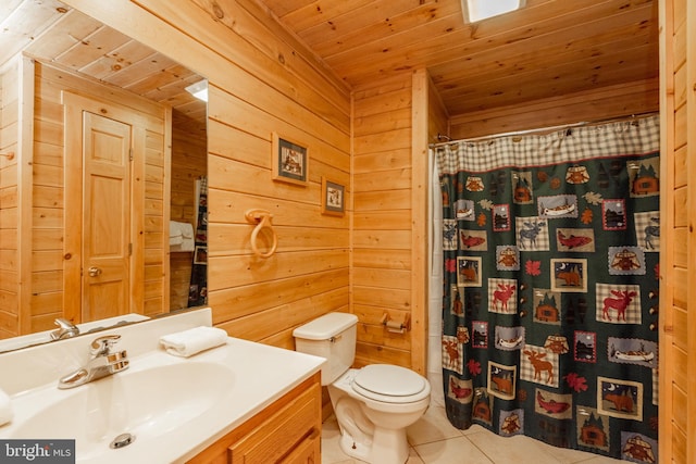 bathroom with vanity, tile patterned floors, wood ceiling, wooden walls, and toilet